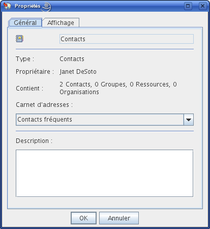 Boîte de dialogue des propriétés du dossier Contacts
