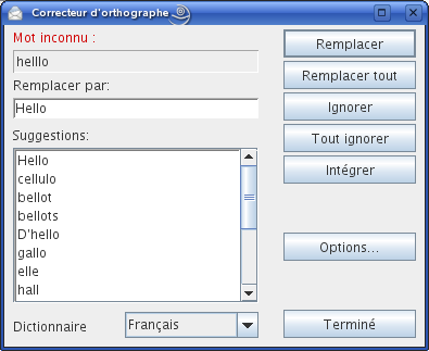 Boîte de dialogue Correcteur d'orthographe