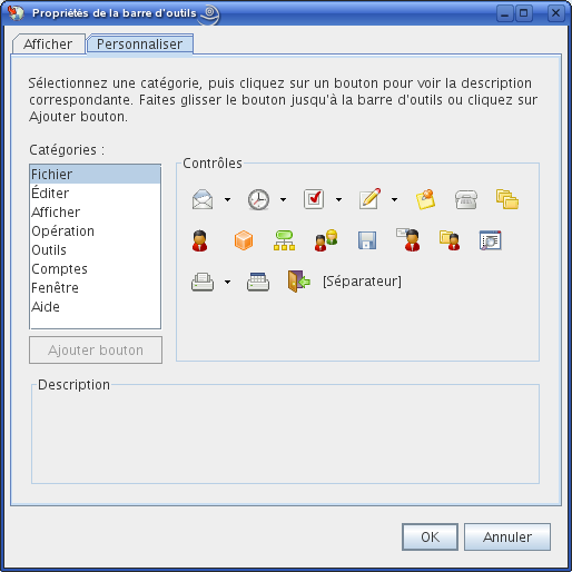 boîte de dialogue Propriétés de la barre d'outils