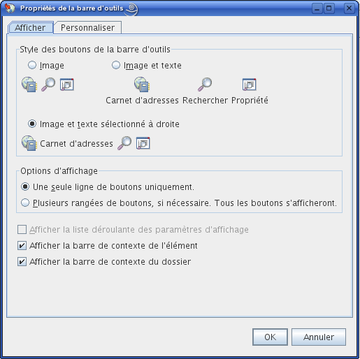 Boîte de dialogue Propriétés de la barre d'outils