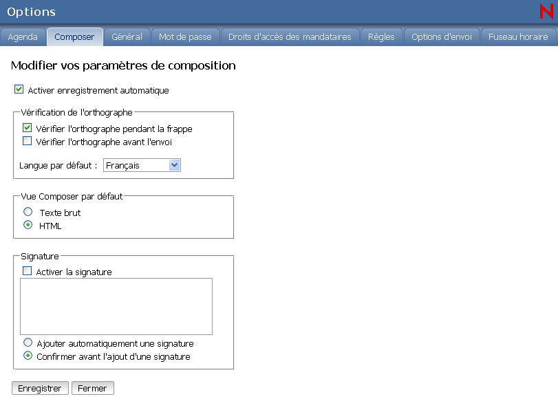 Vue des options de composition