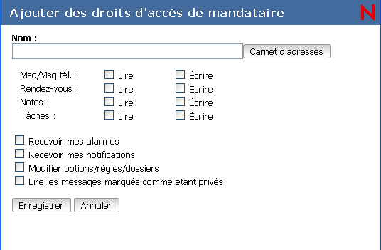 Boîte de dialogue Options d'accès avec l'onglet Droits d'accès des mandataires