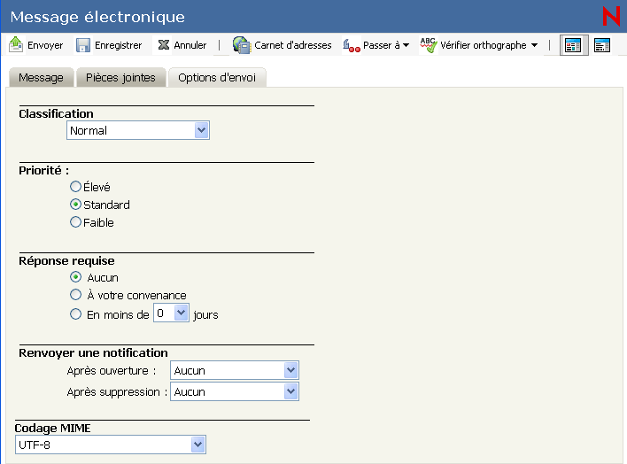 Boîte de dialogue Options d'envoi