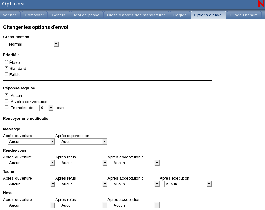 Vue Options avec l'onglet Options d'envoi sélectionné