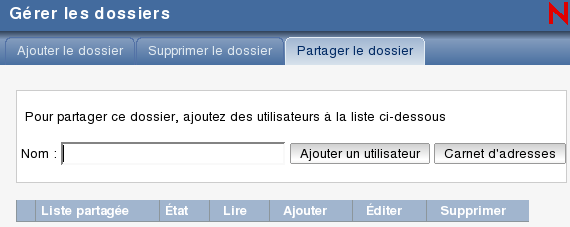 Vue Droits d'accès au dossier partagé