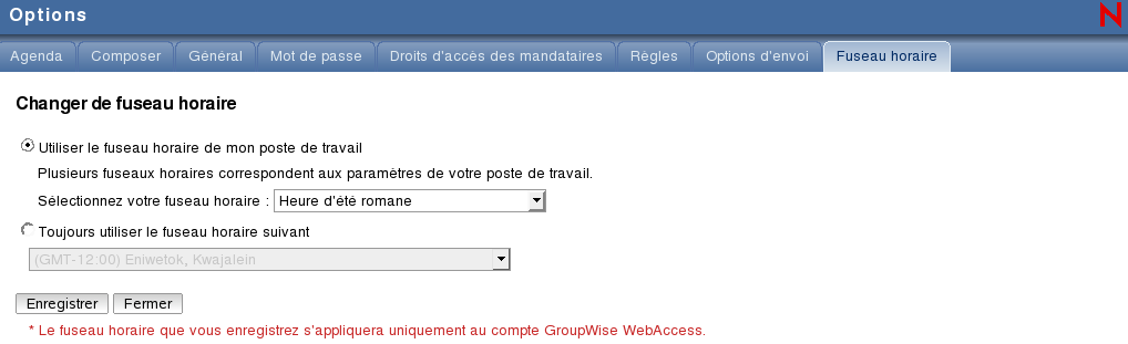 Vue Options avec l'onglet Fuseau horaire sélectionné