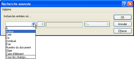 Boîte de dialogue Recherche avancée