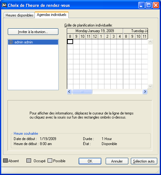 Boîte de dialogue Choix de l'heure de rendez-vous