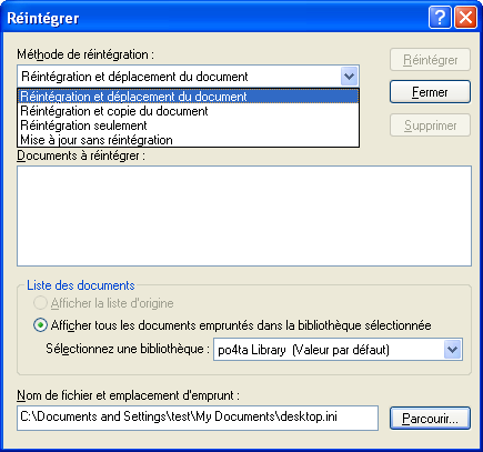 Boîte de dialogue Réintégrer avec l'option Réintégration et déplacement du document sélectionnée dans la liste déroulante