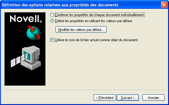 Boîte de dialogue Définition des options relatives aux propriétés des documents