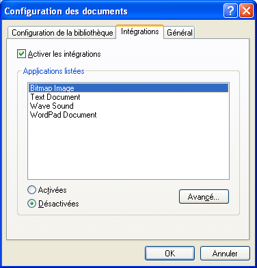 Boîte de dialogue Configuration des documents ouverte sur l'onglet Intégrations