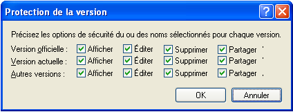 Boîte de dialogue Protection de la version