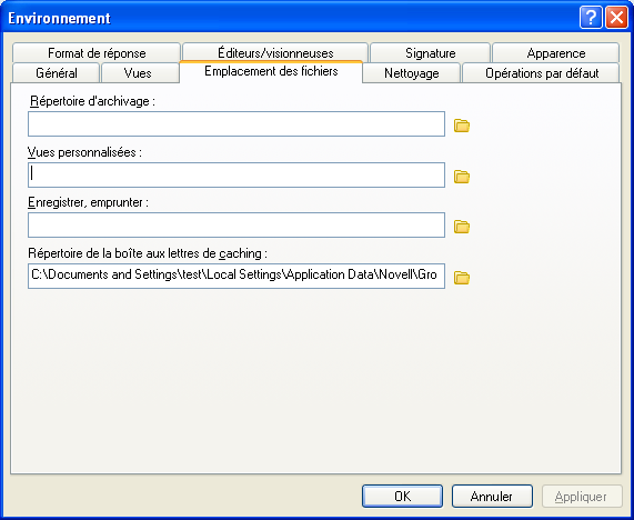 Boîte de dialogue Environnement ouverte sur l'onglet Emplacement des fichiers