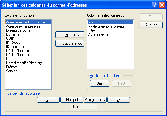 Boîte de dialogue Sélection des colonnes du carnet d'adresses