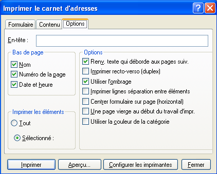 Boîte de dialogue Imprimer le carnet d'adresses avec l'onglet Options