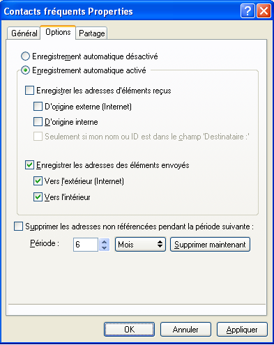 Boîte de dialogue des propriétés des contacts fréquents avec l'onglet Options