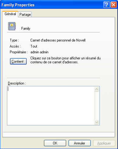 Boîte de dialogue Propriétés pour un carnet d'adresses avec l'onglet Général