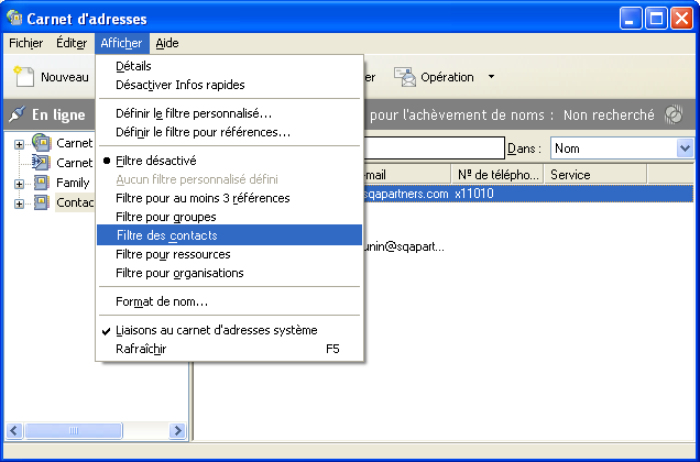 Carnet d'adresses avec le menu Afficher ouvert