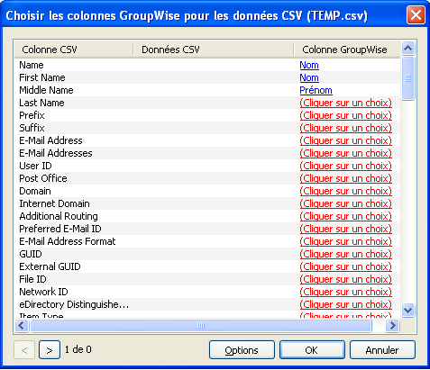 fenêtre Importer l'assignation de fichier CSV