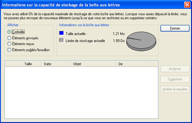 Boîte de dialogue Informations sur la capacité de stockage de la boîte aux lettres