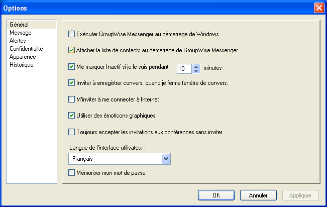 Boîte de dialogue Options de Messenger