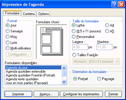 Boîte de dialogue Imprimer l'agenda