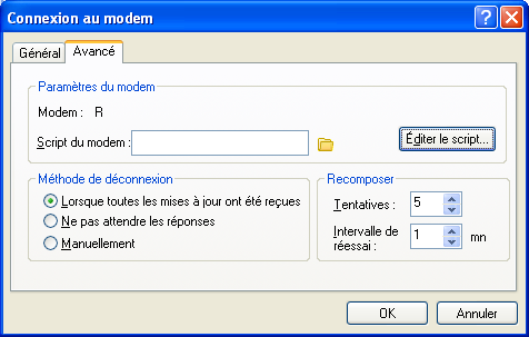 Boîte de dialogue Connexion au modem avec l'onglet Avancé