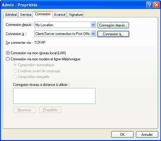 Boîte de dialogue des propriétés de GroupWise avec l'onglet Connexion