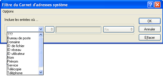 Boîte de dialogue Filtre du Carnet d'adresses système