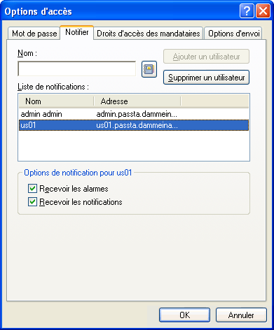 Boîte de dialogue Options d'accès avec l'onglet Notify