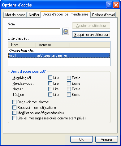 Boîte de dialogue Options d'accès avec l'onglet Droits d'accès des mandataires