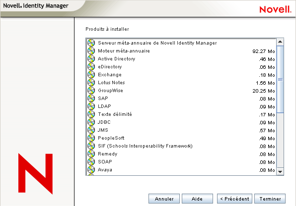 Page Résumé affichant les composants à installer