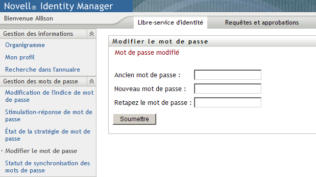 Statut de la modification du mot de passe dans la page Modification du mot de passe