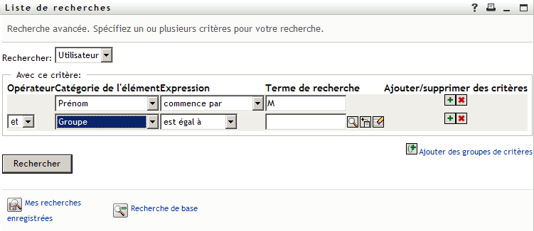 Spécification des critères de recherche avancés dans la page Liste de recherches