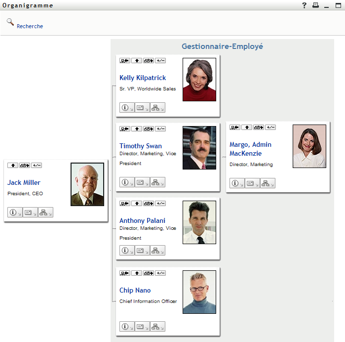 L'organigramme de l'utilisateur affiche deux niveaux de direction supérieurs à l'utilisateur.