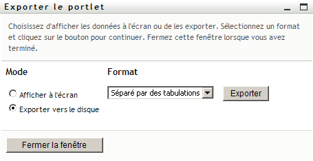 Le portlet Exporter demande un format d'exportation.