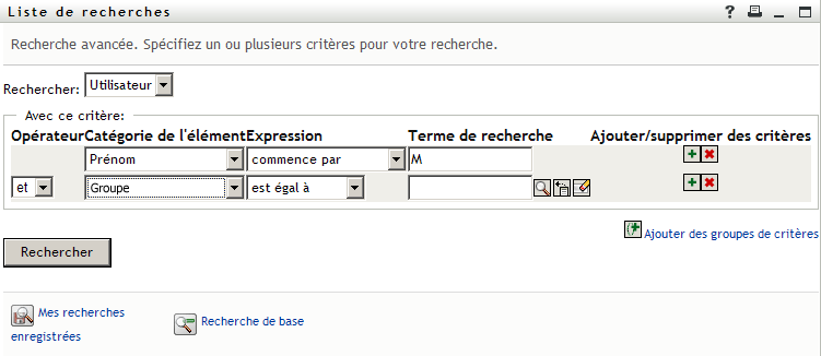 Spécification des critères de recherche avancés dans la page Liste de recherches