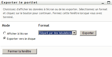 Le portlet Exporter demande un format d'exportation