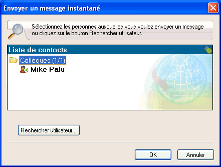 Bote de dialogue Envoyer un message instantan affichant le bouton Rechercher utilisateur