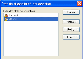 Boîte de dialogue État de disponibilité personnalisée