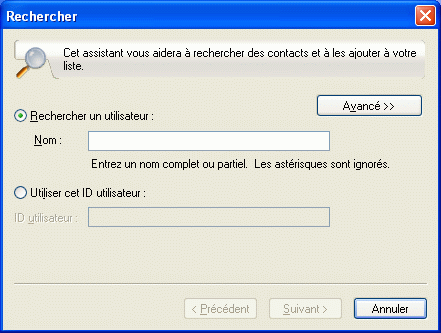 Boîte de dialogue de recherche de contacts