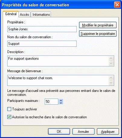 Boîte de dialogue Créer un salon de conversation