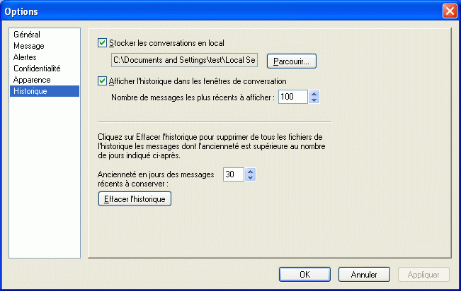 Boîte de dialogue Options affichant la page Historique