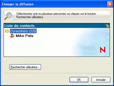Boîte de dialogue Envoyer une diffusion affichant le bouton Rechercher utilisateur