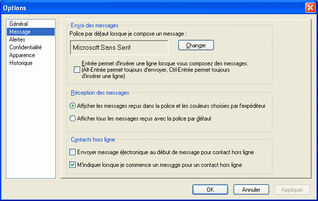 Boîte de dialogue Options affichant la page Message