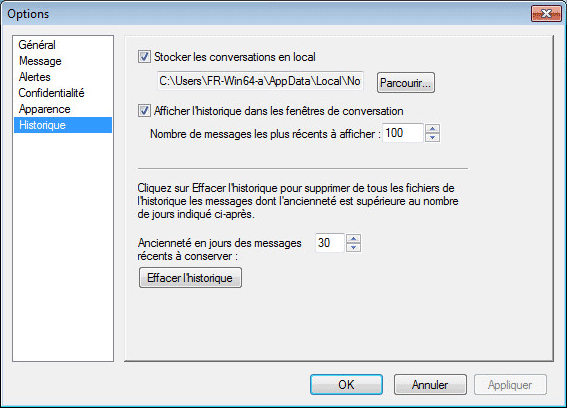 Boîte de dialogue Options affichant la page Historique