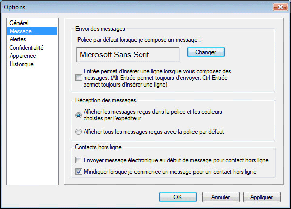 Boîte de dialogue Options affichant la page Message