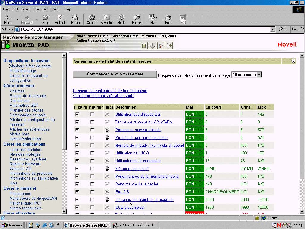 Surveillance de l'tat de sant des serveurs dans NetWare Remote Manager