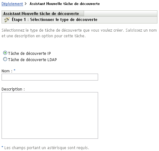 Assistant Nouvelle tâche de découverte > page Sélectionner le type de découverte
