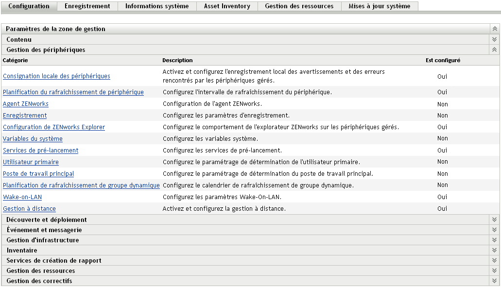 onglet Configuration > panneau Gestion des périphériques